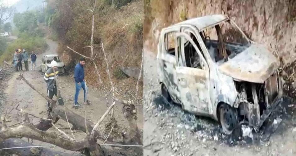 चलती कार पर गिरी हाई वोल्टेज तार, खाक हुआ वाहन; अंदर बैठा था चालक
