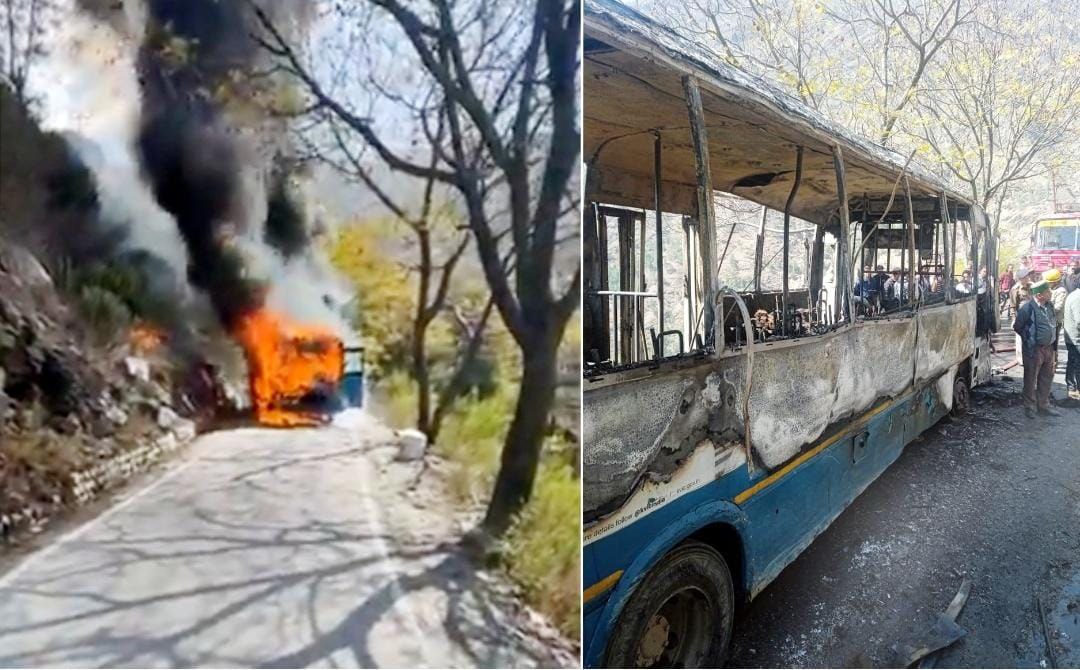हिमाचल: शिंगला में आग की भेंट चढ़ी HRTC की बस, चालक की सूझबूझ से बची यात्रियों की जान